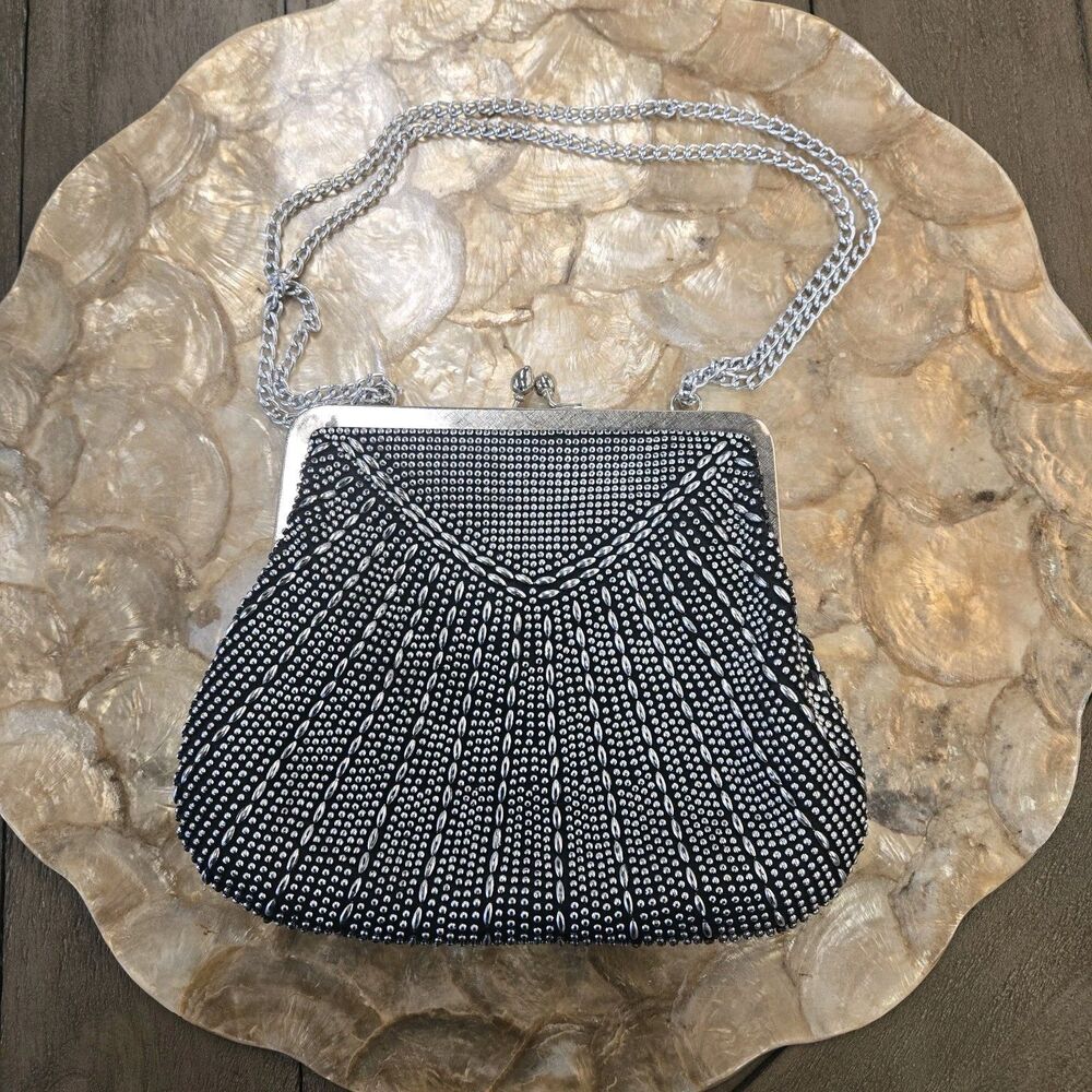 Vintage Ladies Clutch Hong Kong Black And Silver